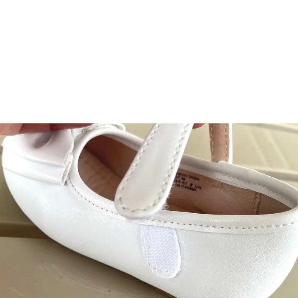 Kiderence Kids White Mary Jane Bow Flats Hook Loop Strap Size 5 (baby)